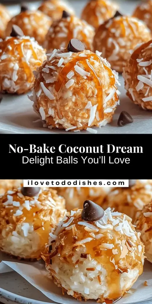 Indulge in the deliciousness of Coconut Dream Delight Balls, a simple no-bake treat that everyone can enjoy! Made with wholesome ingredients like shredded coconut, rolled oats, and nut butter, these healthier snacks are perfect for any occasion. Quick to prepare and versatile, you can customize them for dietary needs like vegan and gluten-free. Whip up a batch in under 30 minutes for a tasty, guilt-free indulgence! #NoBake #HealthySnacks #CoconutDelight #VeganTreats #GlutenFree #EasyRecipes #DessertIdeas #QuickSnacks