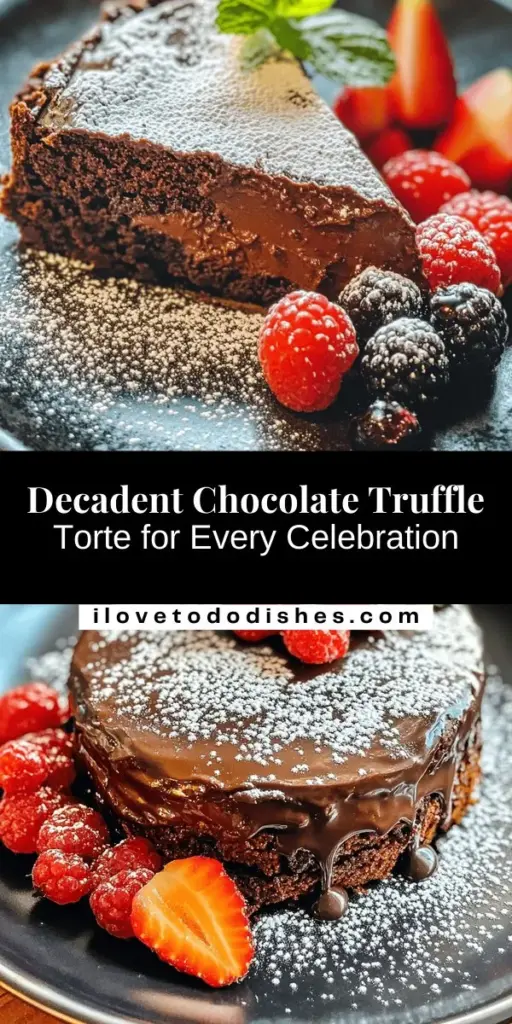 Discover the heavenly delight of a Chocolate Truffle Torte—a rich and indulgent dessert perfect for any occasion. Made with high-quality dark chocolate, butter, and a few simple ingredients, this torte offers a velvety texture and an intense chocolate flavor that will impress your guests. Elevate your dessert game with garnishes like fresh berries and powdered sugar for a stunning presentation. Bake, share, and enjoy the bliss of homemade chocolate goodness! #ChocolateDessert #BakingJoy #HeavenlyTorte #ChocolateLovers #DessertHeaven