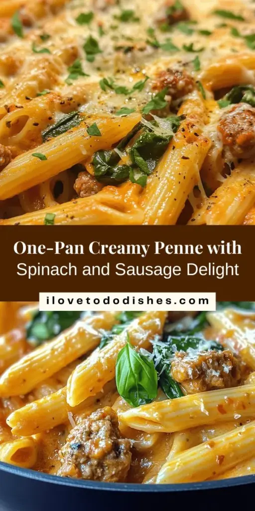 Discover the ultimate comfort food with this Hearty One-Pan Creamy Penne with Spinach and Italian Sausage. This delicious dish combines creamy sauce, savory Italian sausage, and fresh spinach, all cooked in just one pan for easy cleanup. Perfect for busy weeknights, it's a simple yet satisfying meal that your family will love. Get ready to enjoy a symphony of flavors in every bite! #OnePanMeal #PastaRecipe #ComfortFood #WeeknightDinner #EasyRecipes