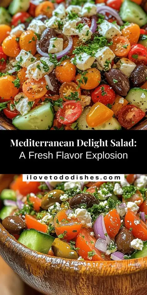 Discover the vibrant flavors of the Mediterranean with this delightful Mediterranean Delight Salad! Packed with fresh cucumbers, cherry tomatoes, Kalamata olives, tangy feta cheese, and a zesty dressing, it's perfect as a light meal or a side dish for any occasion. Quick and simple to prepare, this salad delivers both taste and nutrition, promoting heart health and weight management. Enjoy a burst of color and flavor in every bite! #MediterraneanSalad #HealthyEating #FreshIngredients #MealPrep #MediterraneanDiet #HealthyRecipes #YummyFood #SaladRecipes #EatFresh