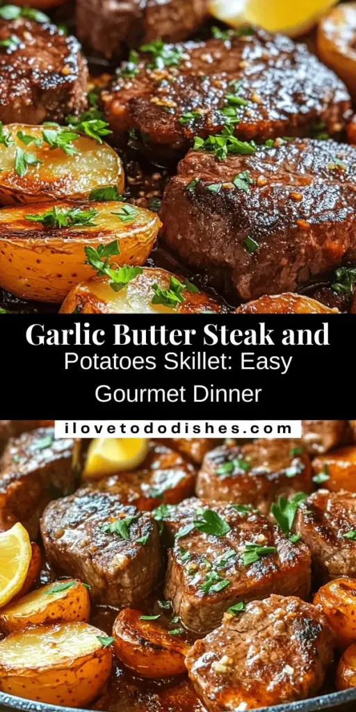 Elevate your weeknight dinners with this Garlic Butter Steak and Potatoes Skillet! This one-pan recipe combines juicy sirloin steak and crispy baby potatoes, all drenched in a rich garlic butter sauce. Simple to prepare and packed with flavor, it's perfect for any occasion. Ideal for busy nights or cozy gatherings, this dish will impress family and friends alike! Discover the joy of delicious home cooking. #SteakRecipe #GarlicButter #OnePanMeal #ComfortFood #DinnerIdeas #CookingMadeEasy