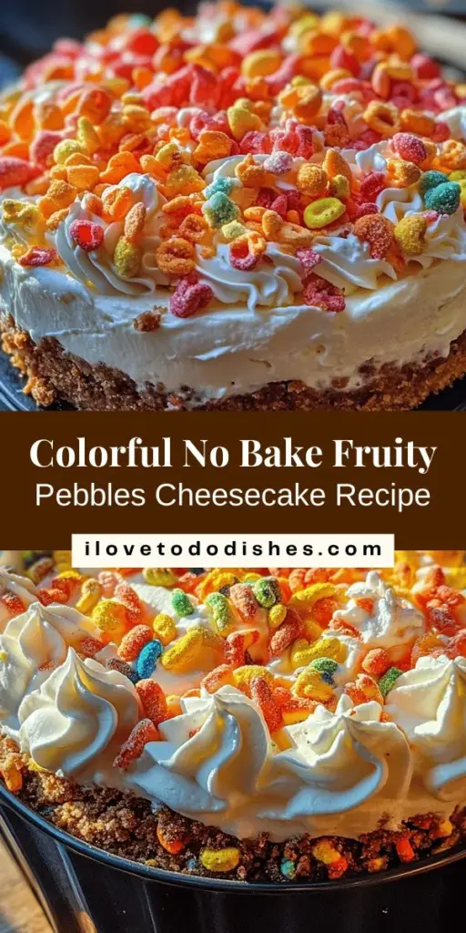 Indulge in the playful charm of No Bake Fruity Pebbles Cheesecake, a dessert that brings back childhood memories with each colorful bite. This easy no-bake treat combines the crunchy, fruity goodness of Fruity Pebbles with a rich, creamy filling that's perfect for any occasion—whether it's a birthday party or a summer gathering. Whip it up in no time and watch it become a favorite among kids and adults alike! #Dessert #FruityPebbles #NoBakeCheesecake #SummerTreat #EasyRecipes #ColorfulDesserts #PartyFood