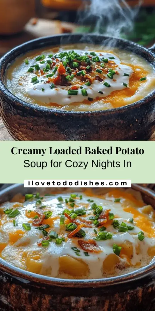 Warm up with a bowl of creamy loaded baked potato soup, the ultimate comfort food for chilly days. This delightful recipe combines velvety russet potatoes, rich heavy cream, and savory aromatics, creating a satisfying dish perfect for family gatherings or cozy nights in. Don’t forget to top it with shredded cheddar, crispy bacon, and fresh green onions for that classic baked potato experience! #CreamySoup #ComfortFood #BakedPotato #SoupRecipes #CozyMeals #WinterCooking #YummyInspiration #HomemadeDelight