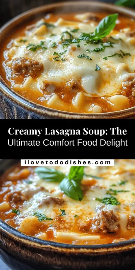 Warm up with the Ultimate Creamy Lasagna Soup, a comforting twist on a classic favorite! This delicious recipe combines savory Italian sausage, rich tomatoes, gooey cheese, and pasta in one hearty bowl—perfect for busy weeknights or cozy gatherings. It's customizable for dietary needs and full of flavor. Serve it with crusty bread for an extra touch of comfort. Get ready to enjoy this satisfying dish! #LasagnaSoup #ComfortFood #EasyRecipes #FamilyDinner #FoodieFavorites #CozyMeals