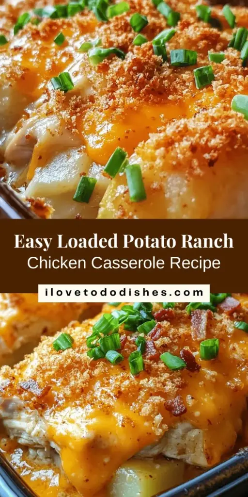 Satisfy your comfort food cravings with this Loaded Potato Ranch Chicken Casserole! This easy, hearty dish combines tender chicken, creamy russet potatoes, zesty ranch dressing, and gooey cheddar cheese, making it a hit for family dinners. Perfect for gatherings, it offers warm, nostalgic flavors that everyone will love. Give it a try for a delicious meal that brings everyone together! #Casserole #ComfortFood #DinnerRecipes #LoadedPotatoes #FamilyMeals #EasyCooking