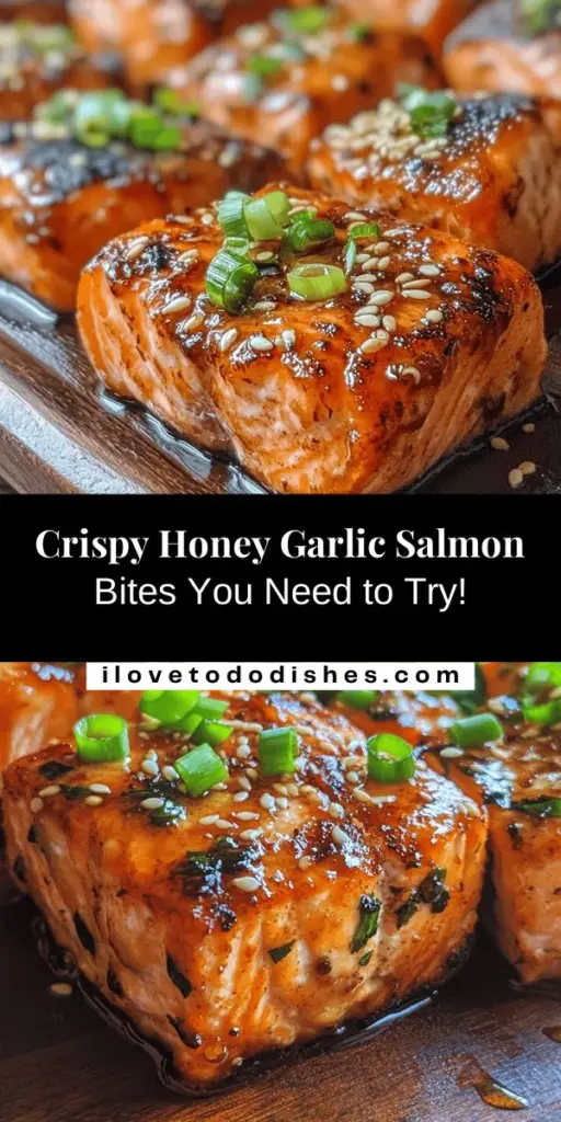 Indulge in the deliciousness of crispy honey garlic salmon bites! This easy recipe combines fresh salmon with a sweet and savory honey garlic sauce, creating a perfect appetizer or main course. Packed with omega-3s and high-quality protein, these bites not only taste great but also promote heart health. Serve them over rice or salad, and enjoy every crunchy, flavorful bite! #SalmonBites #DinnerIdeas #HealthyEating #SeafoodRecipes #HomeCooking #YummyRecipes #Foodie