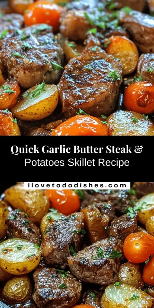 Elevate your weeknight dinners with this Sizzling Garlic Butter Steak & Potatoes Skillet! This one-pan wonder features juicy sirloin steak and creamy baby potatoes, all coated in a rich garlic butter sauce. In under 30 minutes, you can impress your family with a meal bursting with flavor and an irresistible aroma. Perfect for any occasion, this dish is simple yet elegant. Don’t forget to pair with a fresh salad for a complete meal! #SteakDinner #GarlicButter #OnePanMeal #QuickRecipes #FamilyFavorites #CookingAtHome #DinnerIdeas