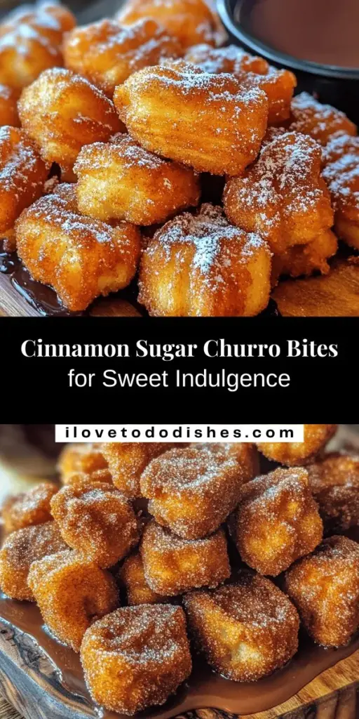 Indulge in the warm, sweet delight of Cinnamon Sugar Churro Bites! These bite-sized treats bring the joy of traditional churros to your home, perfect for parties or a cozy snack. With a crispy outside and fluffy inside, they’re rolled in a delicious cinnamon sugar mixture that’s hard to resist. Enjoy them fresh and hot, paired with your favorite dipping sauce! Discover the recipe today! #ChurroBites #HomemadeDelights #SweetTreats #CinnamonSugar #DessertRecipe #BakingFun