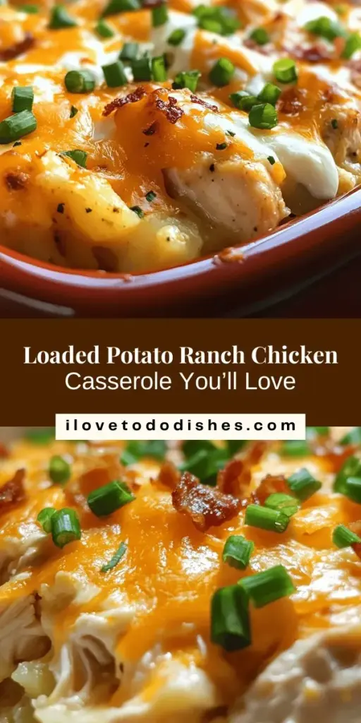 Indulge in the ultimate comfort food with this Loaded Potato Ranch Chicken Casserole! This easy-to-make dish combines tender chicken, crispy bacon, creamy ranch dressing, and cheesy goodness, perfect for family dinners or potlucks. Customize it to fit your taste, whether you prefer extra veggies or different cheeses. Get ready for a warm, satisfying meal that brings everyone together around the table. #Casserole #ComfortFood #ChickenDinner #RecipeIdeas #PotluckFavorites