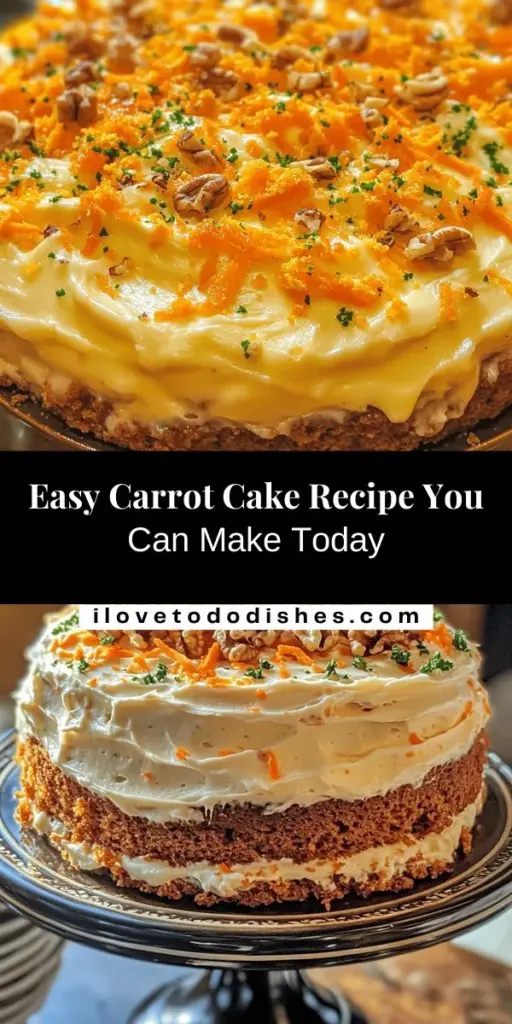 Celebrate life’s special moments with this delightfully easy carrot cake recipe! This moist and flavorful dessert combines wholesome ingredients and warm spices, making it perfect for any occasion. Follow this step-by-step guide to create a scrumptious carrot cake topped with creamy frosting that everyone will love. Whether you’re a beginner or a seasoned baker, enjoy the joy of baking and sharing this classic treat! #CarrotCake #Baking #DessertRecipes #EasyBaking #HomemadeGoodness