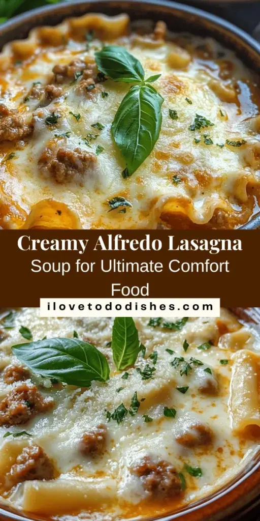 Discover the ultimate comfort food with this Decadent Creamy Alfredo Lasagna Soup! This delicious dish combines the rich flavors of traditional lasagna with a warm, creamy soup twist, perfect for family dinners or chilly evenings. Loaded with lasagna noodles, ground sausage, and a blend of cheeses, you can easily customize it to suit your taste. Try it today and enjoy a hearty bowl of deliciousness! #LasagnaSoup #ComfortFood #RecipeIdeas #CookingAtHome #Foodie