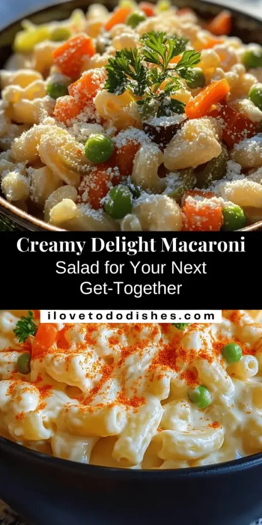 Discover the perfect side dish for your next gathering with this Creamy Delight Macaroni Salad! Packed with vibrant veggies like celery and red bell pepper, creamy dressing, and the sweet tang of pickles, this salad is sure to impress. Ideal for picnics, barbecues, or family dinners, it's easily customizable to suit any dietary preference. Try making it ahead of time for even better flavor! #MacaroniSalad #SideDish #PicnicFood #BBQRecipes #ComfortFood