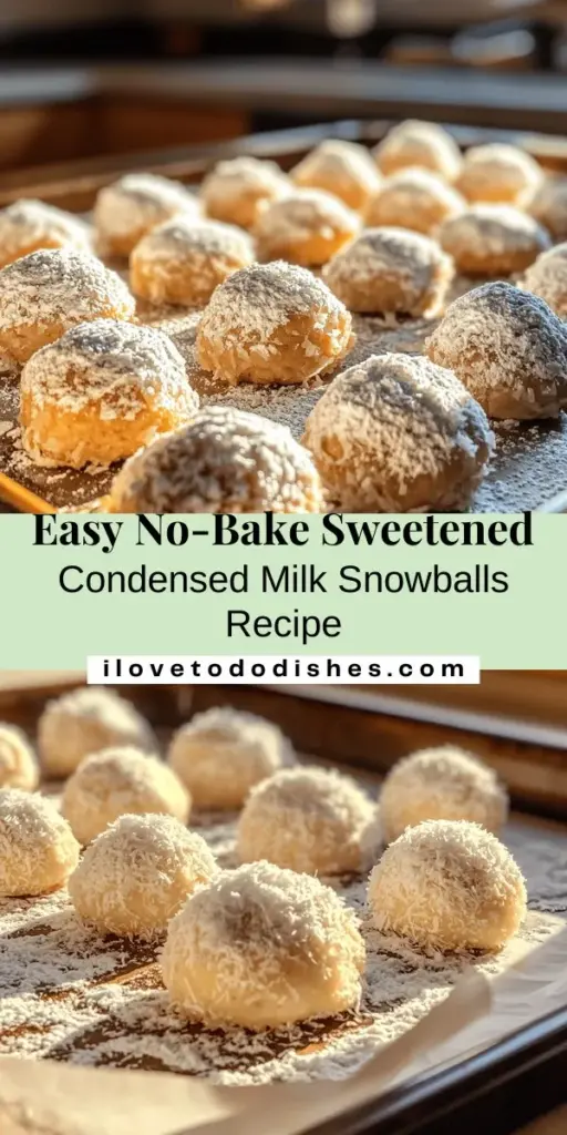 Indulge in the holiday spirit with these Sweetened Condensed Milk Snowballs! These no-bake treats are not only easy to make but also deliciously delightful, featuring a creamy base, shredded coconut, and a hint of flavor from extracts. Perfect for festive gatherings or a sweet snack, they can be customized with nuts or cocoa for added flavor. Chill and enjoy these snowy confections anytime! #Desserts #NoBake #HolidayTreats #SweetenedCondensedMilk #Coconut #YummySnacks #EasyRecipes