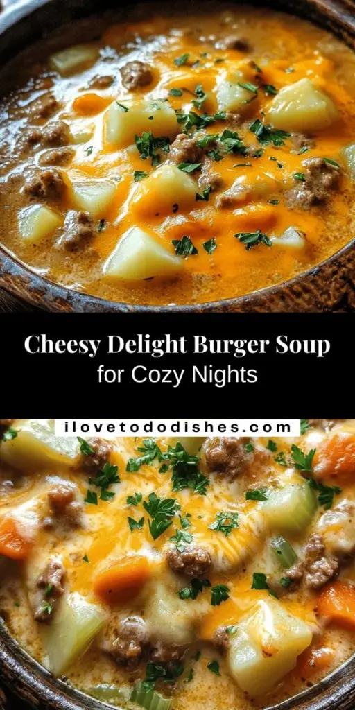 Warm your soul with this Cheesy Delight Burger Soup, a hearty blend of savory ground beef, fresh vegetables, and gooey cheddar cheese. This comforting dish is simple to make and perfect for chilly evenings or busy weeknights. With its rich flavors and creamy texture, it's sure to become a family favorite. Customize it to your taste with different cheeses and veggies for a unique twist! Get ready to indulge in cozy comfort. #ComfortFood #SoupRecipes #CheesyBurgerSoup #FamilyDinner #CozyMeals