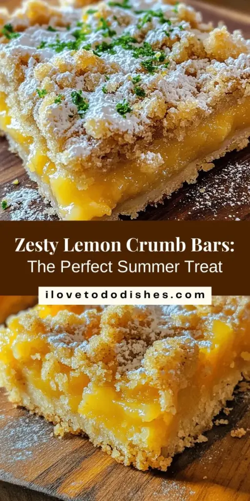 Brighten your dessert table with these Zesty Lemon Crumb Bars! A delicious blend of buttery crumb crusts and tangy lemon filling make this treat a standout for any occasion. Perfectly balanced in sweetness and tartness, they are great for summer picnics, family gatherings, or just a sweet indulgence. Whip up a batch and impress your guests with this refreshing delight! #LemonBars #DessertRecipe #BakingLove #SweetTreats #SummerBaking #HomemadeGoodness #CitrusDelight