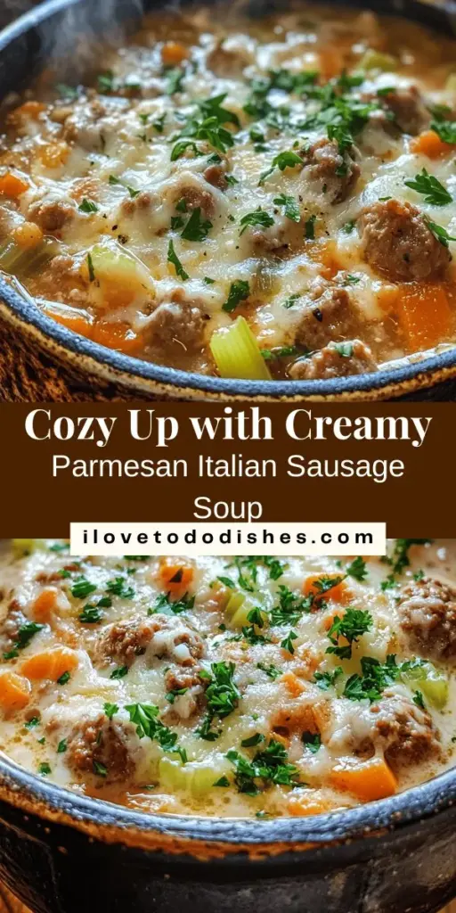 Warm up this season with a delicious bowl of Creamy Parmesan Italian Sausage Soup! This comforting recipe blends savory Italian sausage, fresh vegetables, and rich cream for a satisfying meal. Perfect for family dinners or gatherings with friends, it’s packed with flavor and nutrition. Discover essential tips for preparation and variations to customize it to your taste. Cozy up to this heartwarming dish today! #SoupRecipe #ComfortFood #ItalianCuisine #CozyEats #HealthyEating #EasyDinner