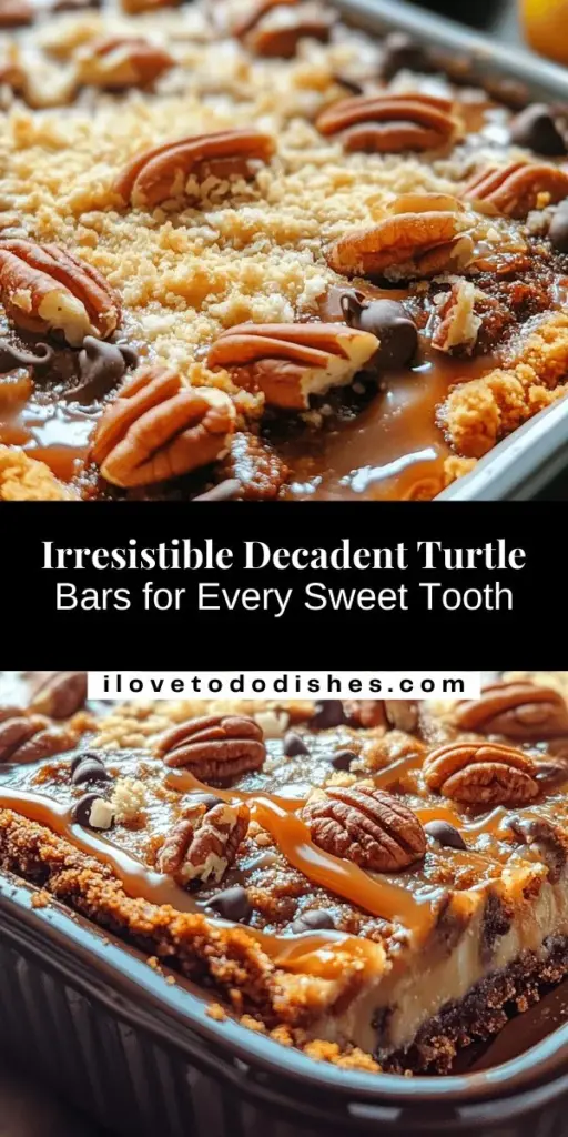 Indulge in the delightful world of Decadent Turtle Bars! These scrumptious treats blend rich chocolate, gooey caramel, crunchy pecans, and a buttery graham cracker crust for a perfect bite every time. Ideal for any occasion, these bars are as versatile as they are delicious—easy to customize for gluten-free and vegan options. Discover the steps to create your own irresistible dessert and impress your guests with every delicious layer! #TurtleBars #DessertRecipes #SweetTreats #BakingJoy #ChocolateLovers