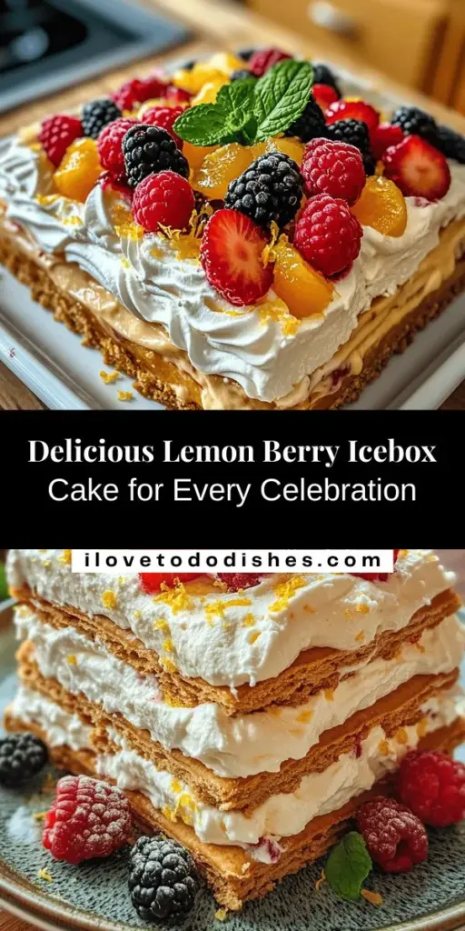 Indulge in the refreshing delight of Lemon Berry Icebox Cake, the perfect no-bake dessert for any occasion. This beautiful cake layers zesty lemon curd, fluffy whipped cream, and vibrant mixed berries for a delicious finish to any meal. Easy to make and impressive to present, it’s ideal for summer barbecues or cozy dinner parties. Discover the secrets to creating this stunning treat and enjoy a slice of summer! #Dessert #NoBake #LemonBerryIceboxCake #SummerTreats #CookingAtHome #SweetTooth