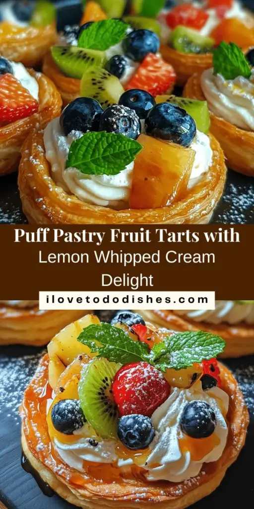 Indulge in the delicious elegance of Puff Pastry Fruit Tarts topped with Lemon Curd Whipped Cream! These stunning tarts feature flaky pastry, tangy lemon curd, and a light whipped cream, all adorned with vibrant fresh fruits. Ideal for any event or a refreshing treat, they're surprisingly simple to make. Elevate your dessert game with this delightful recipe! #PuffPastry #FruitTarts #LemonCurd #DessertRecipes #BakingFun #SeasonalFruits #TartLove