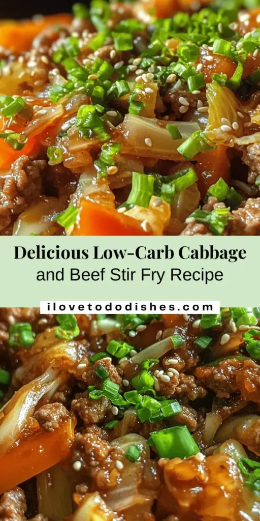 Discover the delicious and nutritious Savory Low-Carb Cabbage and Beef Stir Fry! This quick one-pan meal features tender ground beef, vibrant veggies, and aromatic seasonings, perfect for health-conscious eaters. Low in carbs but packed with protein and flavor, it's an ideal weeknight dinner for busy lifestyles. Enjoy a satisfying, guilt-free dish that supports your weight loss and wellness goals. Try it tonight for a delightful and healthy meal! #LowCarb #HealthyEating #CabbageStirFry #BeefRecipes #MealPrep #KetoDiet