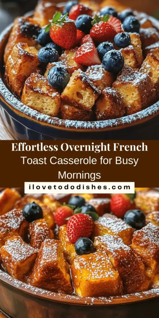 Start your mornings with the delightful Overnight Delight French Toast Casserole! This make-ahead dish combines the comforting flavors of classic French toast with the convenience of a casserole. Using rich challah or brioche bread, this recipe ensures a creamy, decadent breakfast that's ready when you wake up. Perfect for family brunches or cozy gatherings, it's sure to impress. Try it now! #FrenchToast #BreakfastCasserole #BrunchIdeas #MakeAheadMeals #DeliciousRecipes #FamilyFavorites