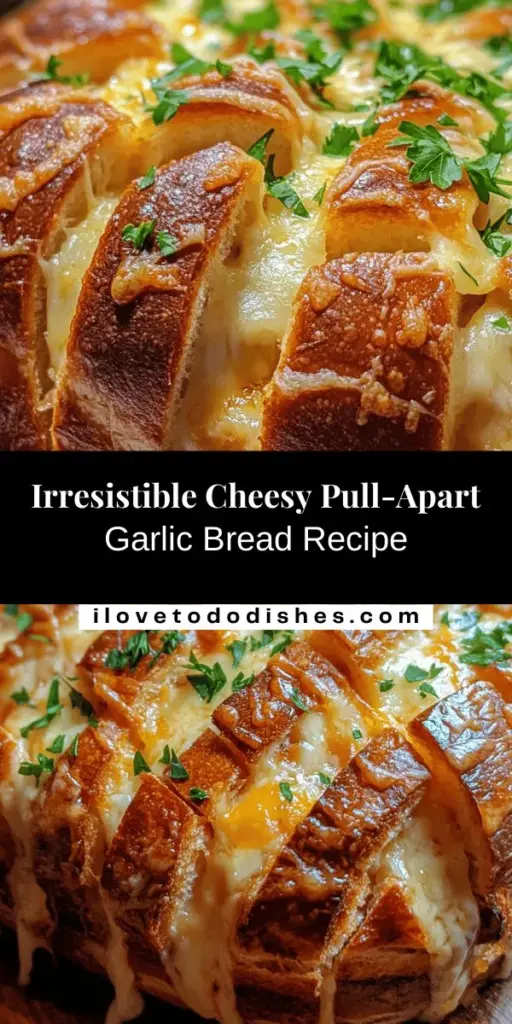 Looking for a crowd-pleasing appetizer or side dish? Try this cheesy pull-apart garlic bread! With gooey melted cheese and savory garlic flavor, it's perfect for any occasion. This delightful dish combines warm bread and rich garlic butter for an unforgettable experience. Easy to make and even easier to eat! Perfect for gatherings, movie nights, or as a tasty snack. Dive into the cheesy goodness today! #CheesyGarlicBread #Appetizing #ComfortFood #Foodie #RecipeIdeas