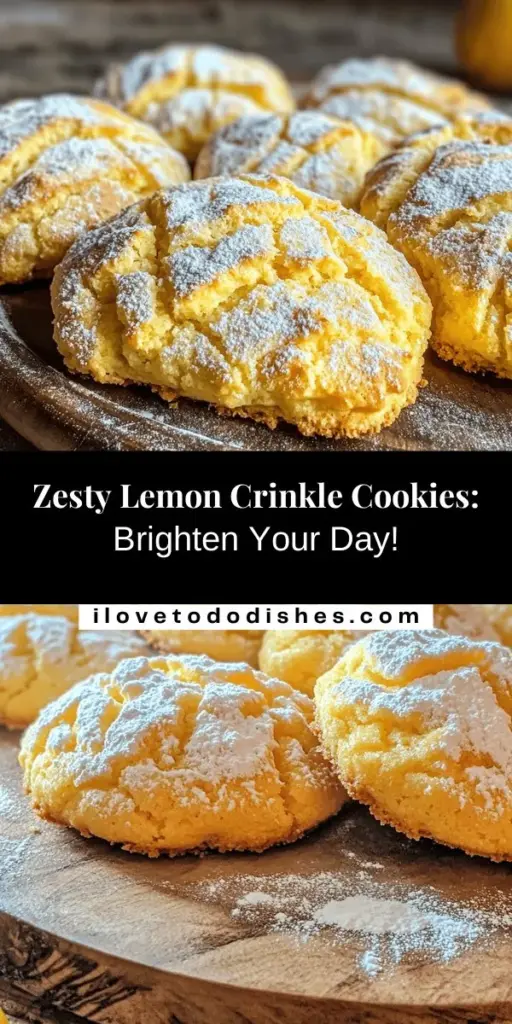 Discover the joy of baking with this easy Lemon Crinkle Cookies recipe! These delightful treats are soft, chewy, and bursting with zesty lemon flavor, finished with a dusting of powdered sugar for a charming touch. Perfect for any occasion, from casual get-togethers to festive celebrations, they are sure to impress everyone. Brighten up your dessert table with these cheerful cookies! #LemonCrinkleCookies #Baking #Dessert #CookieRecipe #Sweets #CitrusJoy