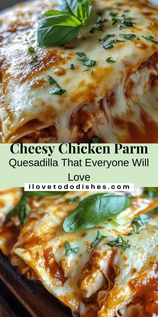 Dive into the irresistible world of Cheesy Chicken Parm Quesadillas! This unique dish combines the classic flavors of chicken parmesan with the fun of a quesadilla, perfect for busy weeknights or gatherings. Enjoy layers of gooey cheese, tender chicken, and tangy marinara, all wrapped in a crispy tortilla. Customize with veggies or different cheeses to suit your taste. Make mealtime a hit with this comforting, family-friendly favorite! #ChickenParm #Quesadilla #ComfortFood #FamilyDinner #EasyRecipes #Foodie