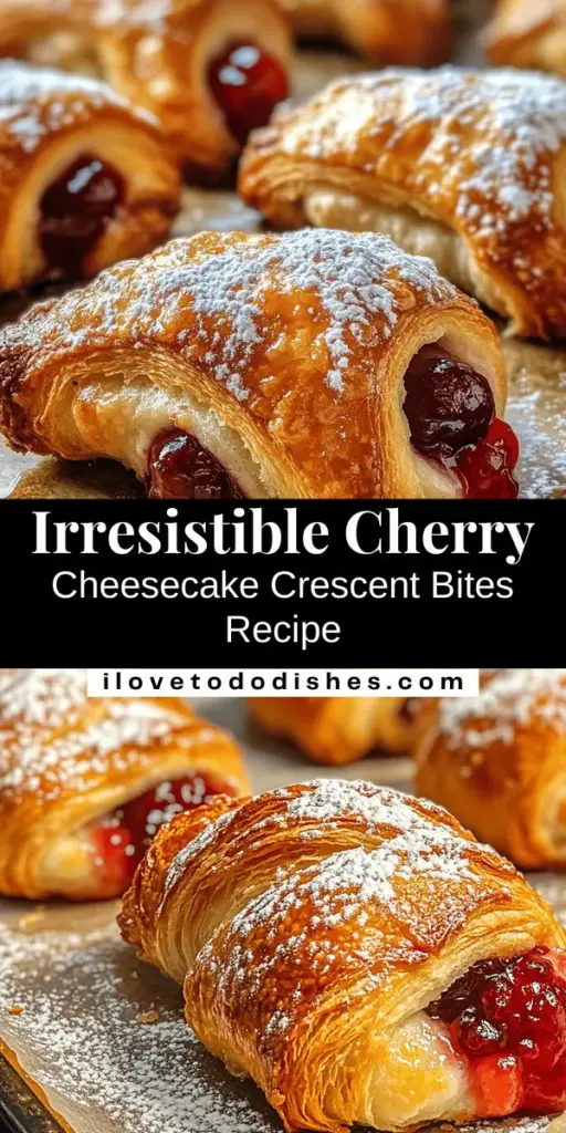 Discover the irresistible taste of Cherry Cheesecake Crescent Bites! These delightful treats offer a perfect combination of creamy cheesecake and sweet, tart cherry filling wrapped in a flaky crescent dough. Simple to prepare, they are ideal for any occasion—from casual get-togethers to special celebrations. Indulge in this quick and easy dessert that is sure to impress your guests. Try it today! #CherryCheesecake #Dessert #CrescentBites #Baking #SweetTreats