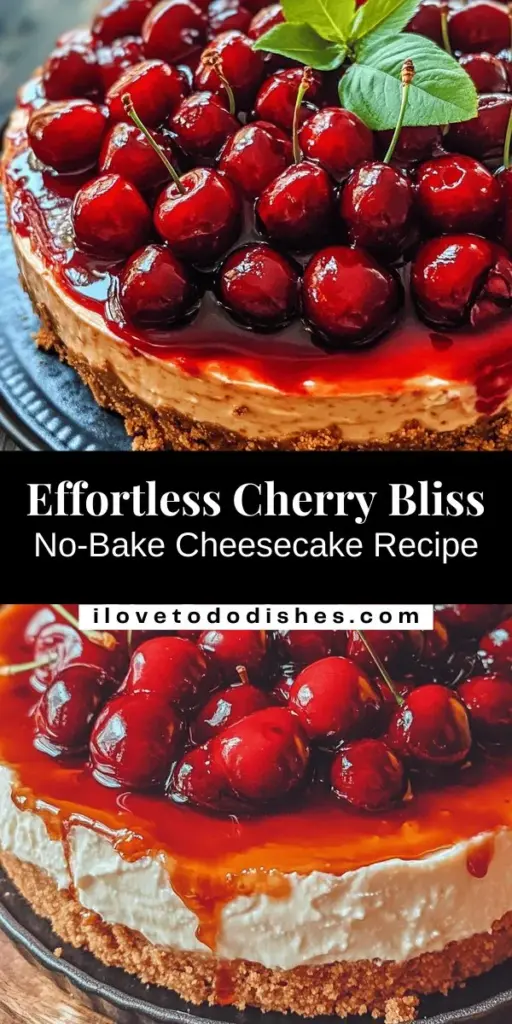 Indulge in the creamy delight of Cherry Bliss No-Bake Cheesecake! This simple, no-bake dessert is perfect for warm days and gatherings. With a crunchy graham cracker crust topped with luscious cherry filling, it’s both visually stunning and incredibly satisfying. Follow our step-by-step guide to create this treat that's sure to impress anyone. Perfect for any occasion! #NoBakeCheesecake #CherryDessert #SummerTreat #DessertRecipe #BakingMadeEasy