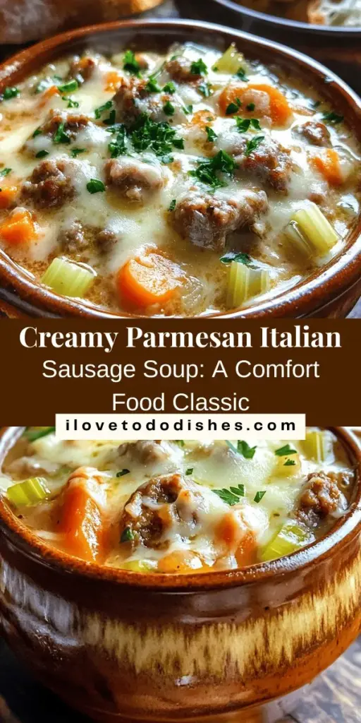 Experience a bowl of comfort with this Creamy Parmesan Italian Sausage Soup. Bursting with the robust flavors of Italian sausage, creamy goodness, and nutritious vegetables, this dish is perfect for lunch or dinner. Customize it with seasonal veggies or adjust the spice level for your taste. Serve it alongside crusty bread for a satisfying meal that warms the soul. Perfect for chilly evenings! #SoupSeason #ComfortFood #DeliciousRecipes #ItalianCuisine #HealthyEating