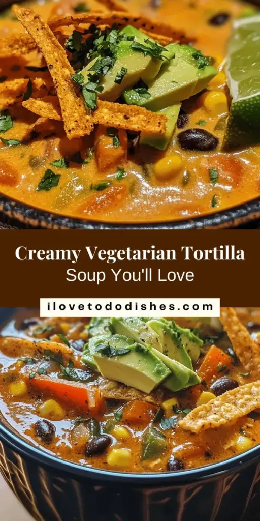 Warm up with a bowl of creamy vegetarian tortilla soup that’s packed with flavor and nutrients! This comforting dish blends fresh vegetables, black beans, and your choice of cream for a rich and satisfying meal that everyone will love. Whether you’re a vegetarian or simply looking to enjoy a wholesome dish, this recipe is versatile and easy to make. Perfect for cozy dinners or gatherings! #TortillaSoup #VegetarianRecipes #ComfortFood #HealthyEating #PlantBasedCooking #CulinaryDelight