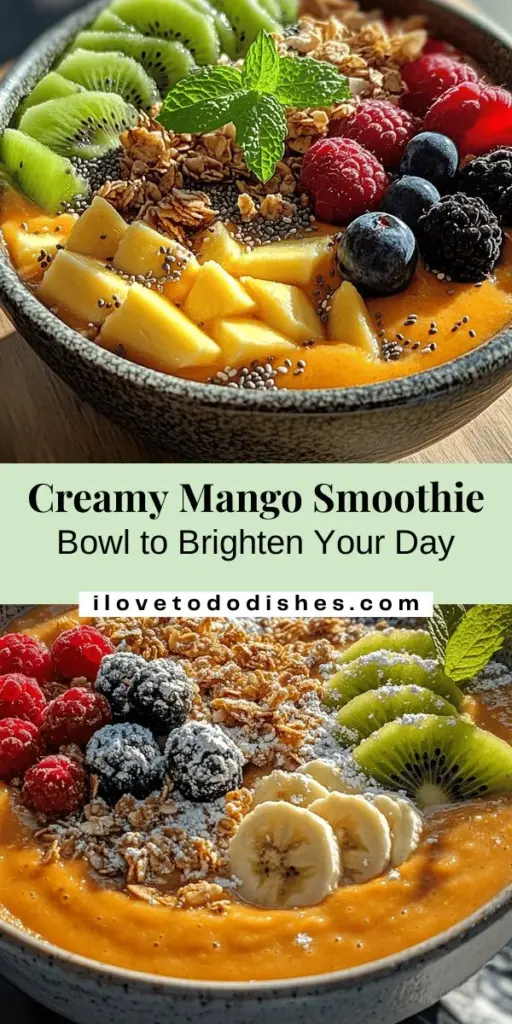 Start your day with a creamy mango smoothie bowl that's both delicious and nutritious! This vibrant bowl is a perfect blend of ripe mangoes, frozen bananas, and coconut yogurt, topped with your favorite fruits, granola, and seeds. Easy to prepare, it's a refreshing and customizable option for breakfast or snack time. Packed with vitamins and minerals, you can enjoy guilt-free indulgence with every spoonful. Get inspired and make your own! #SmoothieBowl #HealthyEating #MangoSmoothie #BreakfastIdeas #CleanEating #NutritiousSnacks