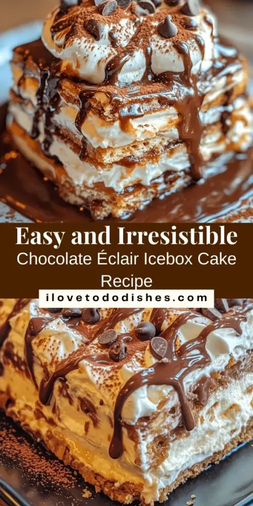 Discover the ultimate no-bake treat with this Chocolate Éclair Icebox Cake recipe! Bursting with layers of creamy vanilla pudding, crisp chocolate graham crackers, and rich chocolate sauce, this dessert is a crowd-pleaser for any occasion. Perfect for beginners and seasoned bakers alike, this indulgent cake requires minimal effort and promises maximum flavor. Satisfy your chocolate cravings and impress your guests. #Dessert #ChocolateEclair #NoBake #IceboxCake #Yummy #BakingMadeEasy #ChocolateLovers