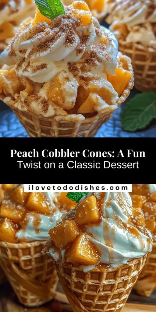 Elevate your dessert game with these fun and flavorful Peach Cobbler Stuffed Cones! Enjoy the deliciousness of ripe peaches wrapped in a crunchy waffle cone. This whimsical twist on a classic dessert is perfect for gatherings or a cozy night in. Follow our easy recipe to learn how to make the perfect peach filling, prepare crispy cones, and serve them up with whipped cream and mint. Delight your taste buds and impress your guests! #PeachCobbler #DessertIdeas #SummerTreats #BakingFun #PeachDessert #ConeDesserts