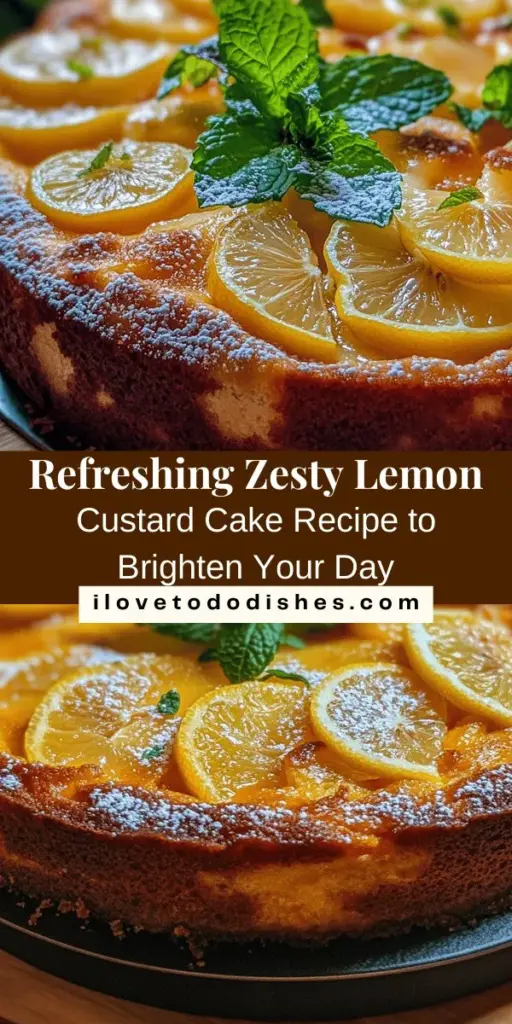 Indulge in the refreshing taste of Zesty Lemon Custard Cake, a perfect blend of tangy lemon flavor and creamy texture that will impress your guests at any occasion. This delightful dessert is easy to make with simple ingredients like sugar, unsalted butter, and fresh lemon juice. Serve it elegantly dusted with powdered sugar or garnished with mint for an extra touch. Share the joy of baking with this simply delightful recipe! #LemonCake #Dessert #Baking #HomemadeTreats #CitrusDelight