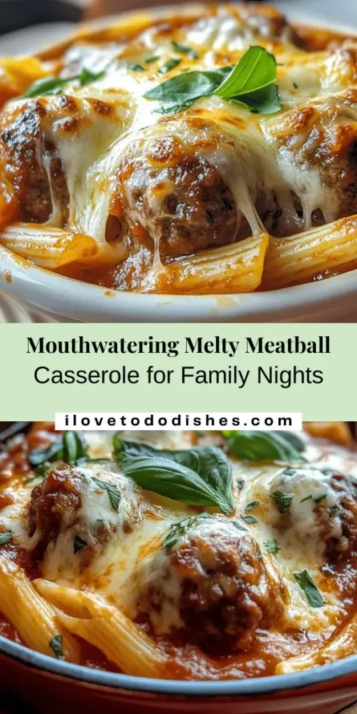 Warm your heart and home with the Melty Meatball Casserole Delight, a perfect dish for family gatherings! This comforting casserole features juicy meatballs, hearty pasta, rich marinara, and a gooey cheese topping that everyone will love. It's easy to prepare and brings a sense of togetherness to any meal. Try this delicious recipe that combines classic flavors for an unforgettable dining experience! #Casserole #Meatballs #FamilyDinner #ComfortFood #RecipeIdeas #PastaLove #CheesyGoodness