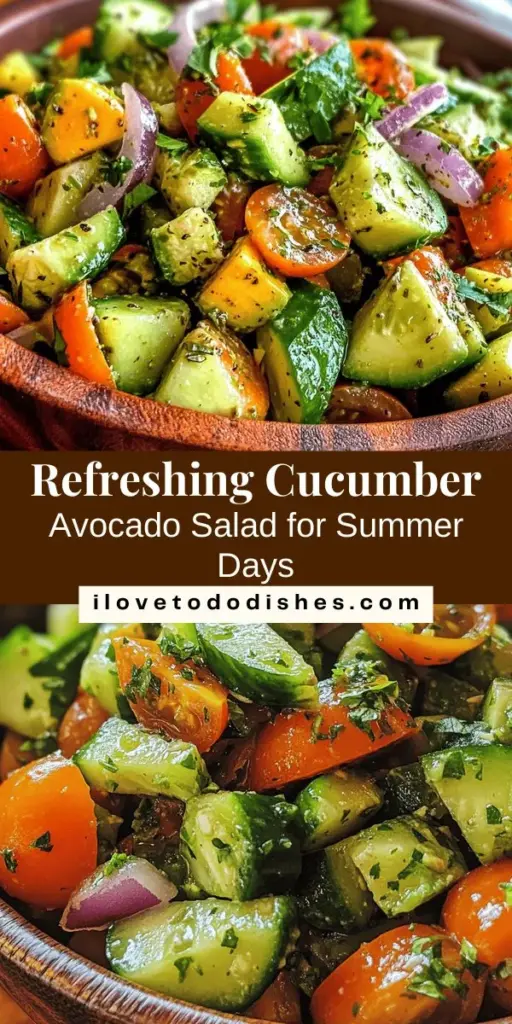 Discover the ultimate summer dish with our Crisp & Creamy Cucumber Avocado Salad! This vibrant medley combines crunchy cucumbers, creamy avocados, sweet cherry tomatoes, red onion, and fresh cilantro, all tossed in a zesty olive oil and lime dressing. Perfect for picnics, BBQs, or light lunches, this salad is not only delicious but also packed with nutrients and health benefits. Enjoy the refreshing taste of summer in every bite! #SaladRecipes #HealthyEating #SummerRecipes #Cucumber #Avocado #FreshSalad #EasyRecipes