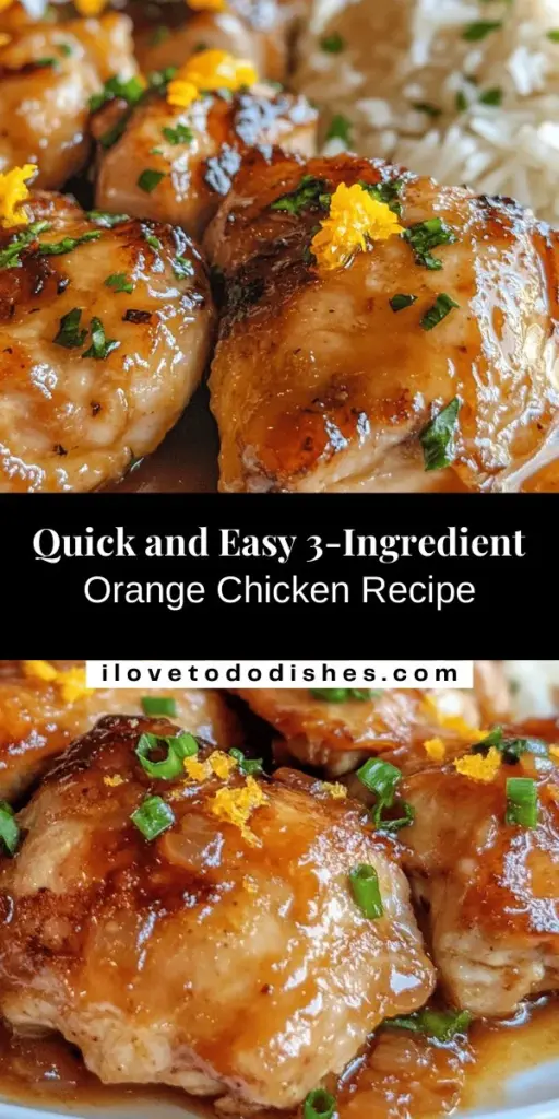 Discover a quick and flavorful meal with our Easy 3-Ingredient Orange Chicken Delight! Ready in just 25 minutes, this dish combines tender chicken thighs, sweet orange marmalade, and savory soy sauce for a delicious balance of flavors. Perfect for busy weeknights or gatherings, you'll impress your family and friends without spending hours in the kitchen. Try it tonight and elevate your dinner game! #OrangeChicken #EasyRecipes #QuickMeals #DinnerIdeas #ComfortFood #HomeCooking