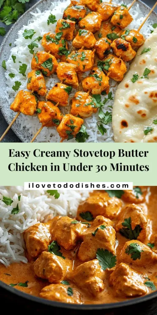 Savor the rich, comforting flavors of Creamy Stovetop Butter Chicken! This quick and easy recipe brings together tender chicken simmered in a creamy tomato sauce, seasoned with aromatic spices. Perfect for busy weeknights or special occasions, you can whip it up in under 30 minutes with just one pot to clean. Serve it with rice or naan for a delightful meal. Try it today and impress your loved ones! #ButterChicken #IndianCuisine #ComfortFood #QuickRecipes #Yummy #DinnerIdeas #WeeknightMeals #Foodie