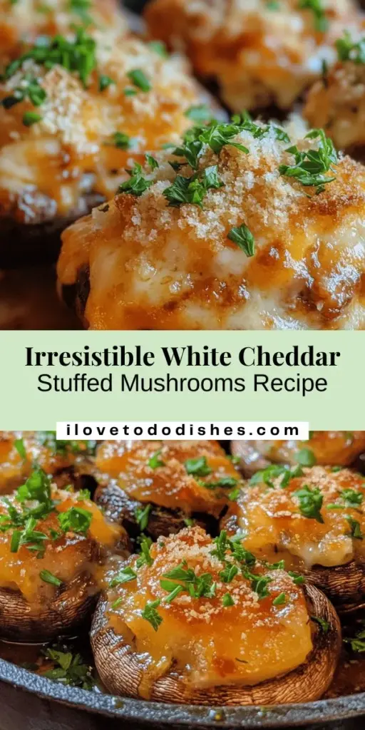 Elevate your appetizer game with these irresistible white cheddar stuffed mushrooms! This delicious recipe combines large cremini or button mushrooms with sharp white cheddar and creamy cream cheese, creating an indulgent starter that's perfect for any occasion. Easy to prepare and guaranteed to vanish in no time, they make a standout dish for gatherings. Try them today! #StuffedMushrooms #WhiteCheddar #Appetizers #PartyFood #Foodie #Yummy #RecipeIdeas