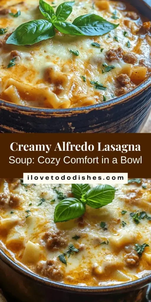 Indulge in the cozy flavors of creamy Alfredo lasagna soup, a warm twist on a classic favorite! This one-pot meal combines savory sausage, rich cheeses, and comforting pasta into a deliciously easy dish that's perfect for chilly nights. Explore the origins, key ingredients, and a step-by-step cooking guide in our article to recreate this comforting soup at home. Your family will thank you! #LasagnaSoup #ComfortFood #EasyRecipes #ItalianCuisine #CookingAtHome