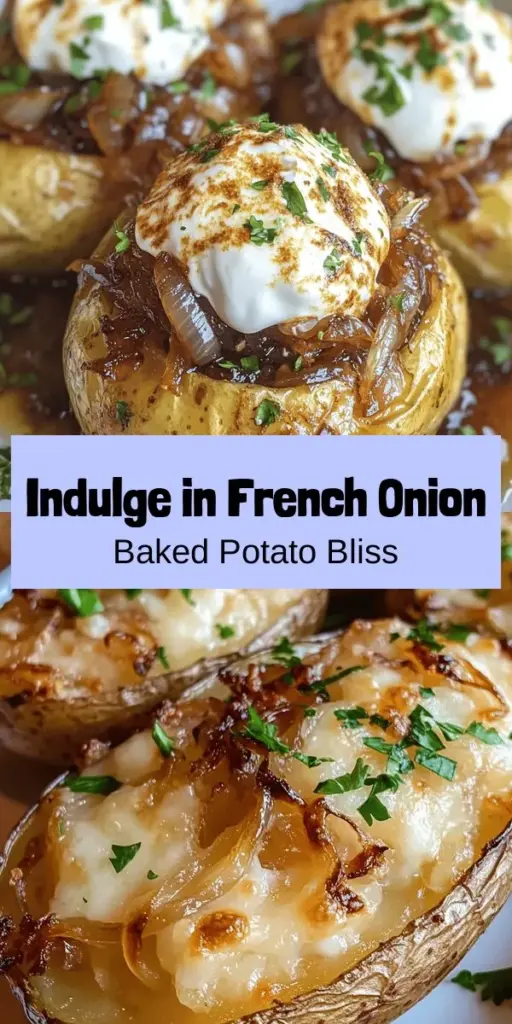 Indulge in the ultimate comfort food with French Onion Baked Potatoes. This hearty dish features fluffy russet potatoes topped with sweet caramelized onions and gooey Gruyère cheese, creating a delightful blend of flavors. Perfect for any occasion, these versatile potatoes can be served as a main or side dish, making them a crowd-pleaser. Try this recipe and elevate your meal to new heights! #ComfortFood #BakedPotatoes #FrenchOnion #Foodie #DeliciousEats #RecipeIdeas