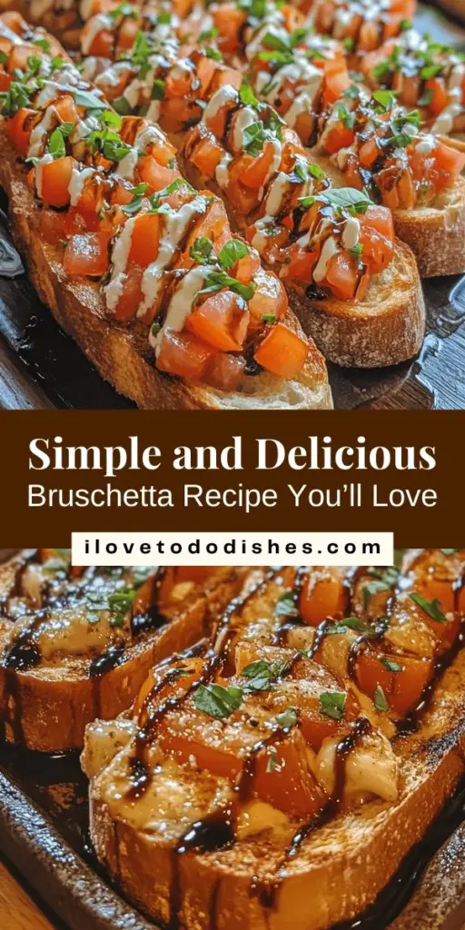 Discover the ultimate bruschetta recipe that combines simplicity with vibrant Italian flavors! Perfect for gatherings or a light snack, this dish features grilled baguette topped with a fresh tomato mixture, aromatic basil, and a drizzle of high-quality olive oil. Explore endless variations to suit your taste buds and impress your guests. Enjoy the joy of sharing this delightful appetizer! #Bruschetta #ItalianAppetizers #FreshIngredients #EasyRecipes #FoodieFun