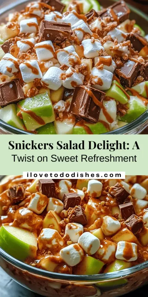 Discover the deliciousness of Snickers Salad Delight, a unique dessert that combines the crunchy tartness of Granny Smith apples with the rich, indulgent flavor of Snickers bars. This refreshing dish is perfect for potlucks, picnics, and family gatherings, ensuring a hit for both kids and adults. Easy to prepare and packed with textures and flavors, it’s a must-try! Indulge in this fun twist on dessert today! #SnickersSalad #DessertDelight #FamilyGathering #SweetTreats #RefreshingDesserts