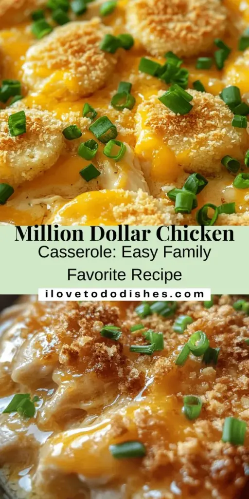 Discover the delightful flavors of Million Dollar Chicken Casserole, a comfort food that your family will love! This easy-to-make dish combines tender chicken, creamy ingredients, and a crunchy topping for the perfect weeknight meal or potluck favorite. With simple ingredients like cream of chicken soup, cheese, and buttery crackers, you'll have a satisfying dish that pleases every palate. Get ready for seconds! #ChickenCasserole #ComfortFood #FamilyRecipes #EasyMeals #WeeknightDinner #PotluckRecipes #Foodie