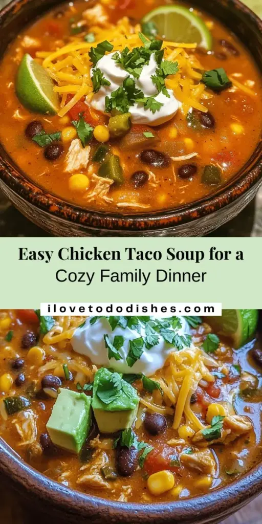 Warm up with this Delightful Easy Chicken Taco Soup, a comforting dish that's quick and nutritious! Packed with lean chicken, fiber-rich beans, and colorful veggies, it’s perfect for busy weeknights or chilly days. Customize it with your favorite toppings like cheese, avocado, or fresh cilantro for an extra burst of flavor. Discover the easy steps to make this delicious soup that everyone will love! #ChickenTacoSoup #SoupRecipes #ComfortFood #HealthyEating #EasyMeals #FamilyDinner #TacoTuesday