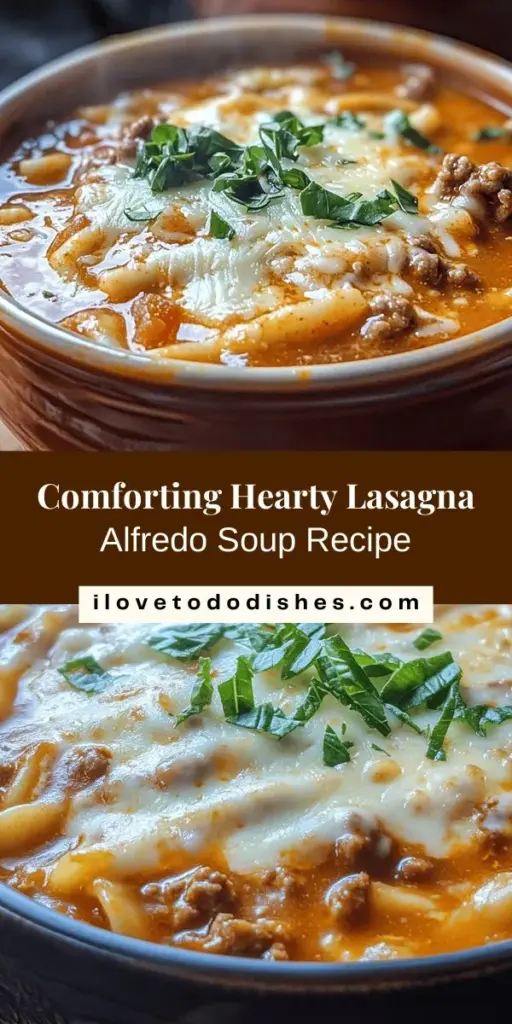 Warm up with a bowl of Hearty Lasagna Alfredo Soup, the perfect twist on a classic dish! This comforting soup combines layers of rich sauces, creamy cheese, and tender lasagna noodles, bringing all the delicious flavors of lasagna into a cozy soup. Easy to prepare and customizable for various diets, it's ideal for chilly nights or family gatherings. Get ready to savor every spoonful! #LasagnaSoup #ComfortFood #CozyEats #SoupSeason #ItalianCuisine #HeartyMeals #YummyRecipes