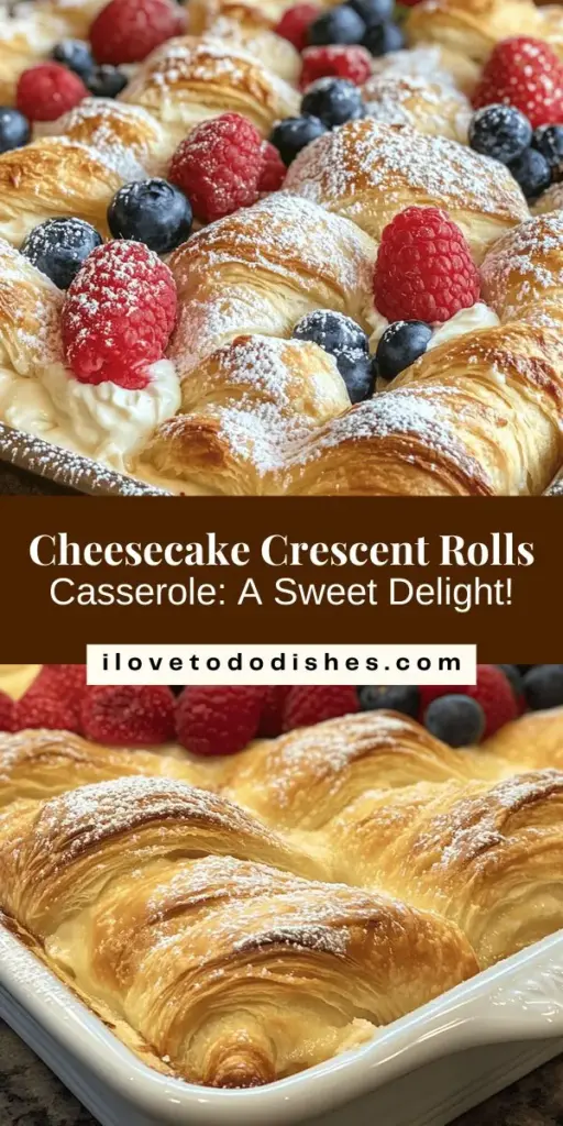 Satisfy your sweet tooth with this delectable Cheesecake Crescent Rolls Casserole! This easy-to-make dessert combines flaky crescent rolls with a rich cream cheese filling, creating a creamy and delightful treat perfect for any occasion. Whether served warm or chilled, topped with fresh berries and whipped cream, this casserole will impress your family and friends. Discover the joys of baking with this irresistible recipe! #Cheesecake #Dessert #Baking #CrescentRolls #SweetTreats #EasyRecipes