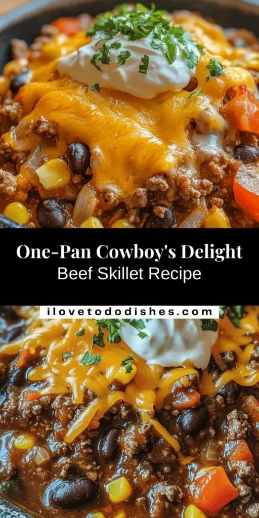 Discover the ultimate comfort food with Cowboy's Delight Beef Skillet! This hearty one-pan meal combines ground beef, vibrant veggies, and a medley of spices, all ready in under an hour. Perfect for busy weeknights, it's nutritious and easy to prepare with minimal cleanup. Packed with protein, fiber, and robust flavors, this dish will be a hit at your dinner table. Try it today and enjoy a taste of cowboy culture at home! #CowboysDelight #BeefSkillet #OnePanMeals #ComfortFood #QuickRecipes #DinnerIdeas